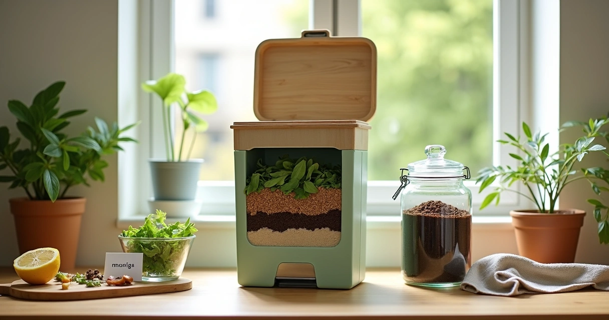 Balde de compostagem doméstica com folhas de moringa ao lado de pia de cozinha 