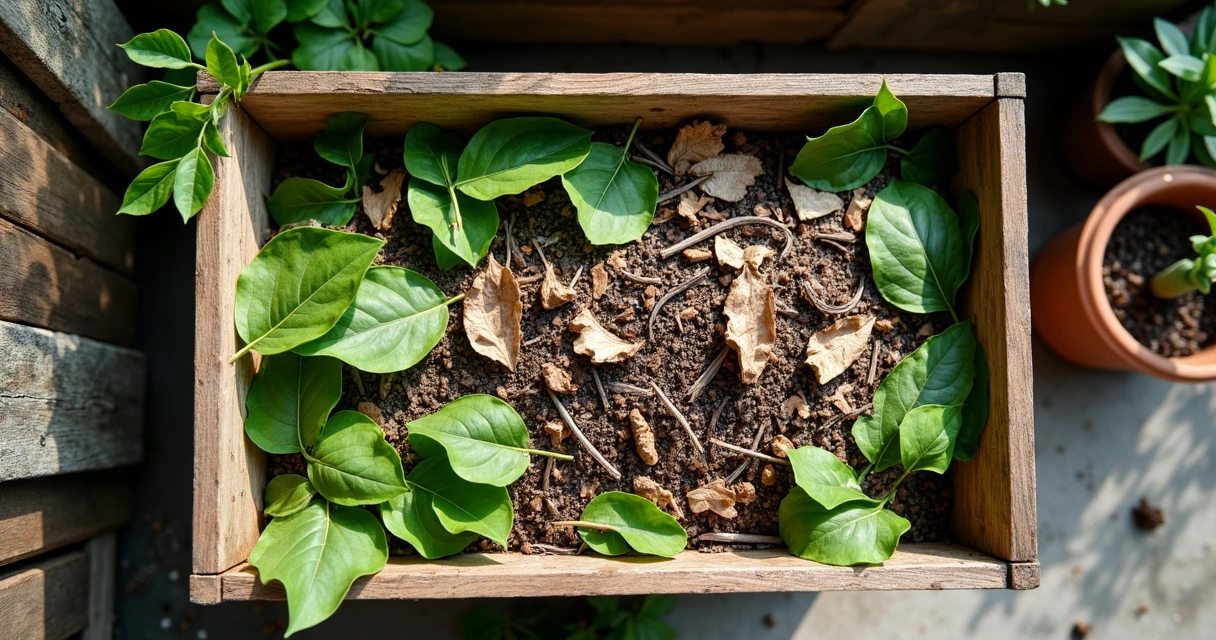 Composteira doméstica com resíduos de moringa e folhas secas 