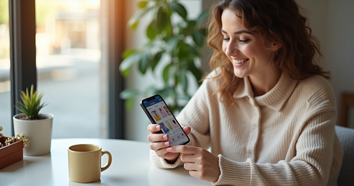 Mulher comprando produto em aplicativo social pelo celular 