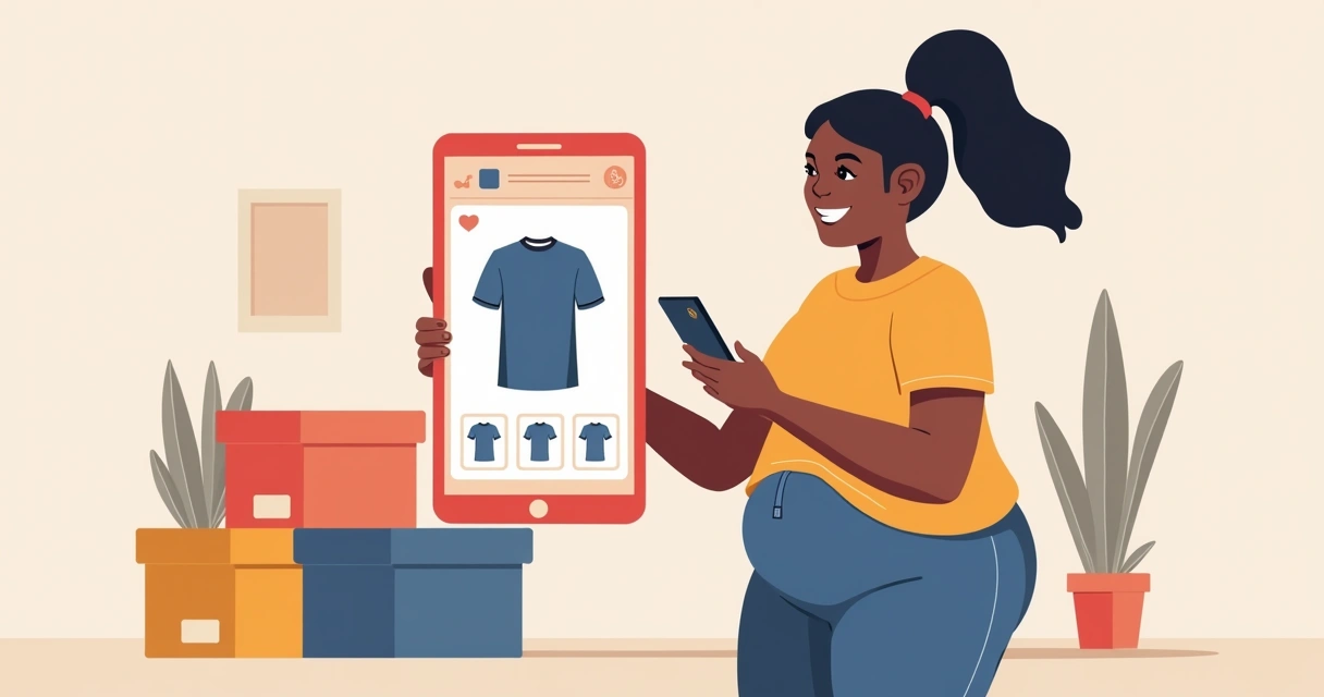 Pessoa plus size escolhendo camiseta personalizada no celular ao lado de caixas de embalagem 