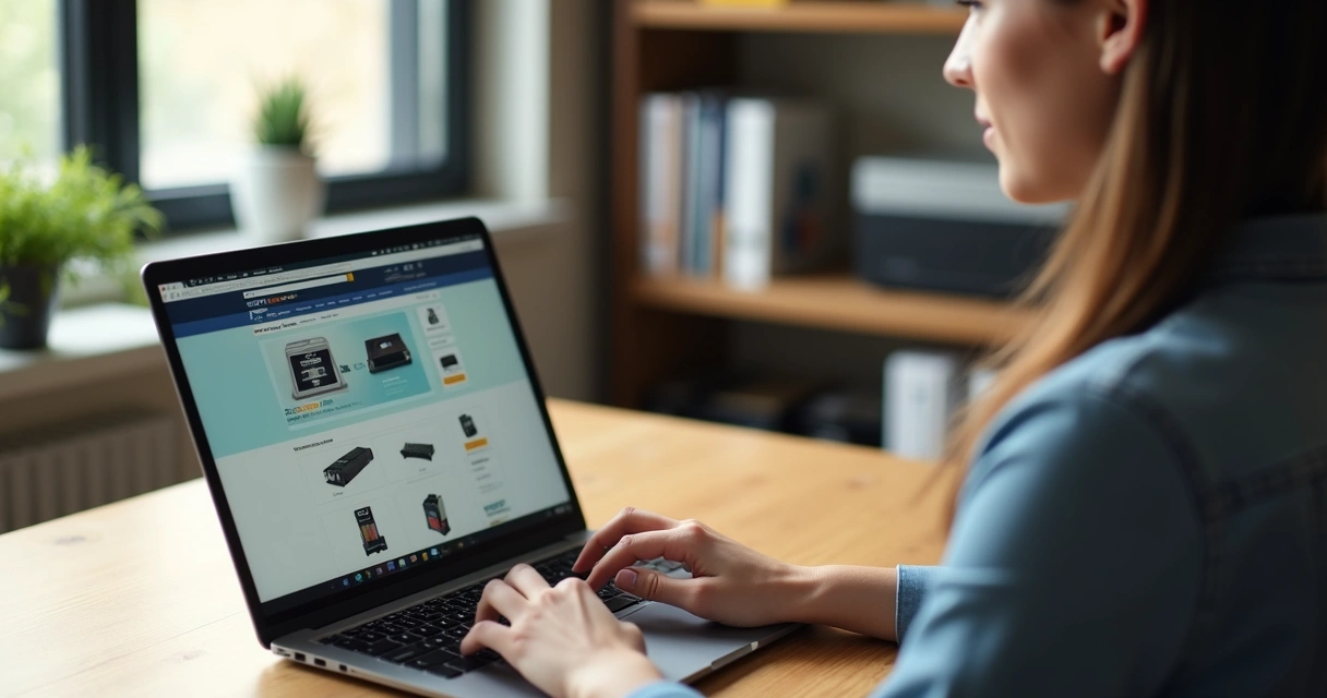 Mulher utilizando notebook para comprar cartucho em loja online 