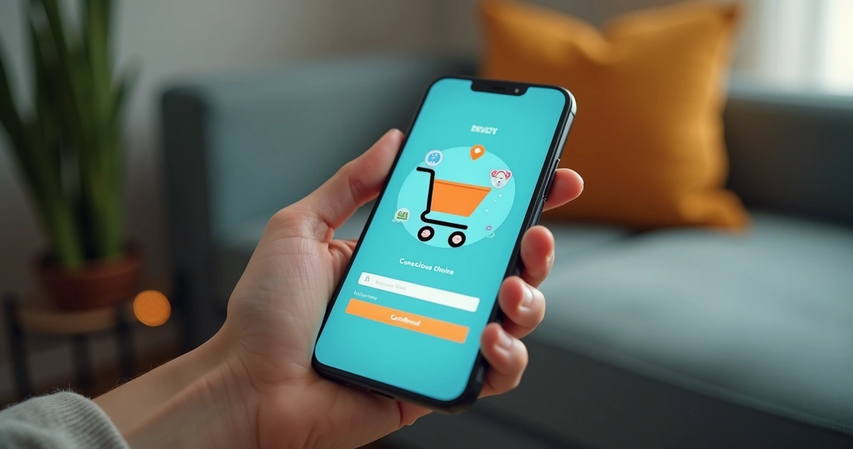 Mão segurando celular com carrinho digital e símbolos de escolha consciente