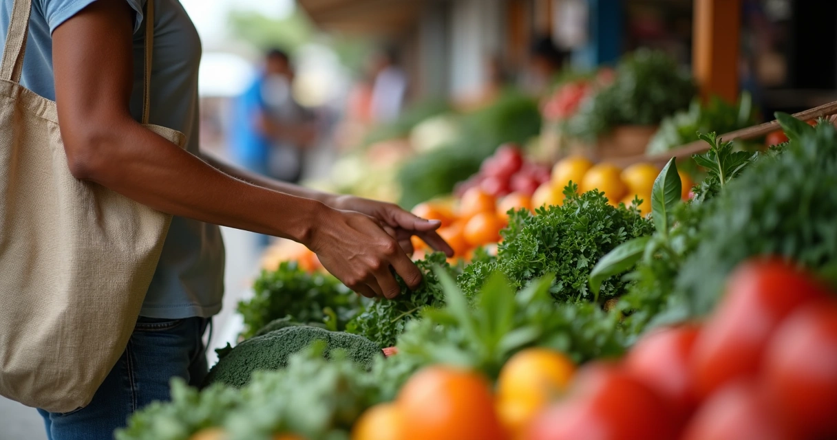 Pessoa escolhendo alimentos com atenção em feira local 