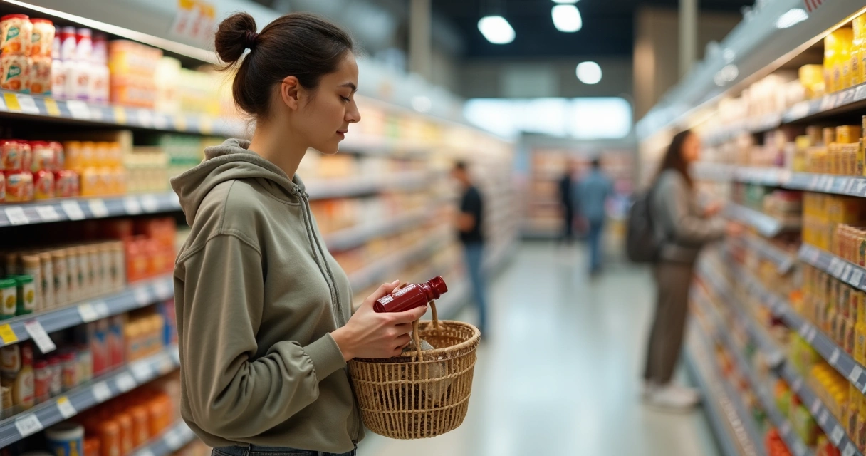 Pessoa escolhendo produto com calma em corredor de supermercado organizado 