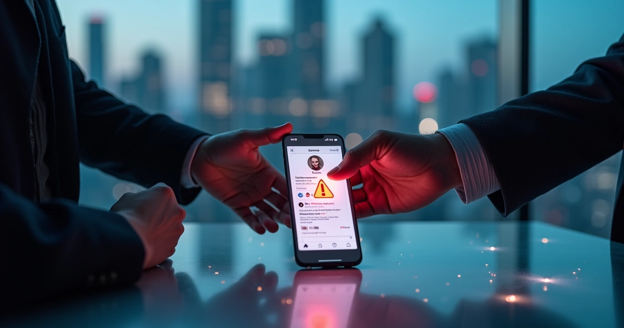Mãos trocando celular com alerta de risco em tela do Instagram 