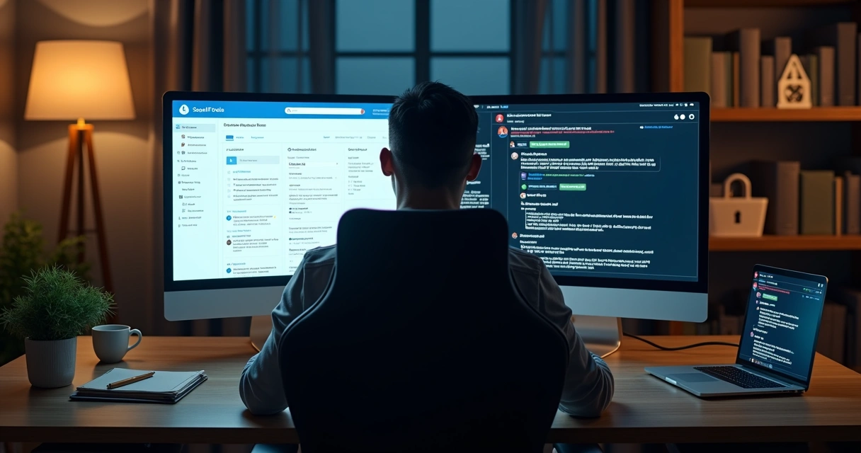 Empreendedor avaliando opção segura de compra de conta digital e oferta arriscada em sala escura 
