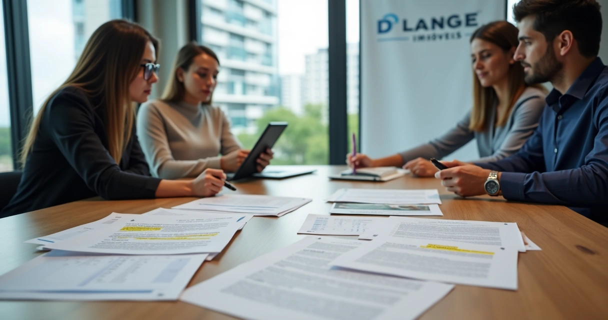 Corretora e casal analisando documentos para comprar imóvel na mesa de escritório 