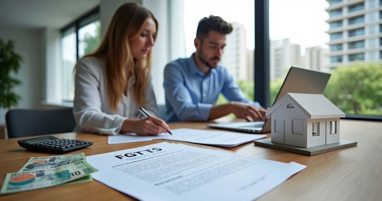Casal analisando compra de imóvel com FGTS ao lado de corretor e miniatura de casa 