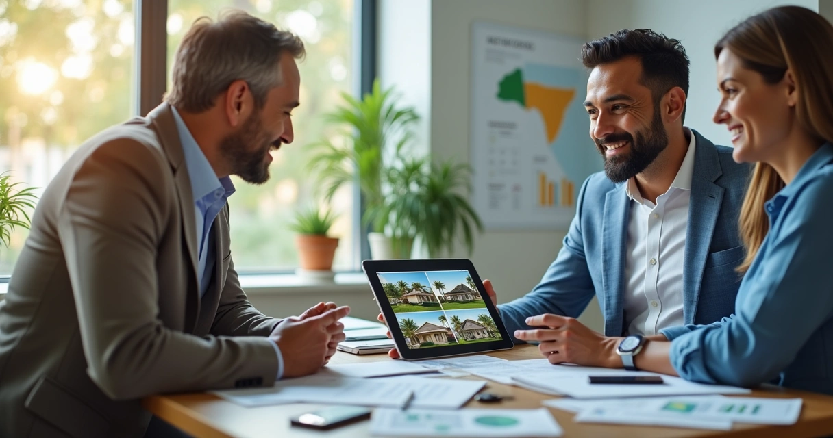 Corretor de imóveis conversando com casal brasileiro, mostrando opções de casas na Flórida em tablet dentro de escritório moderno 