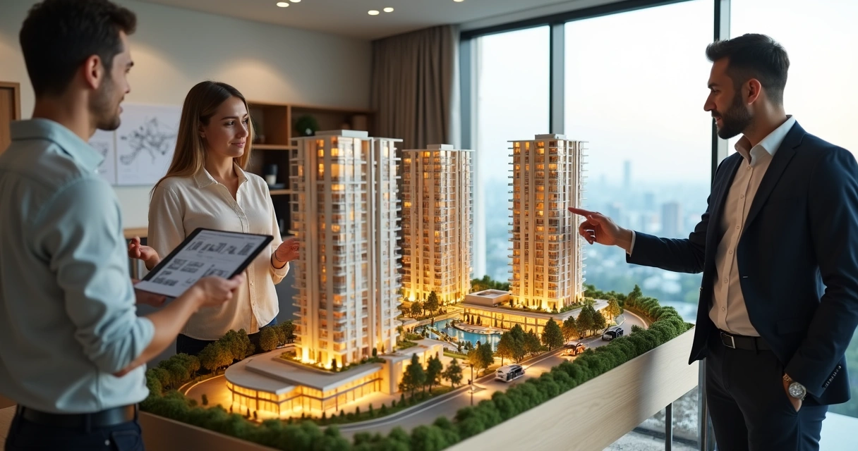 Casal observando maquete de empreendimento imobiliário moderno 