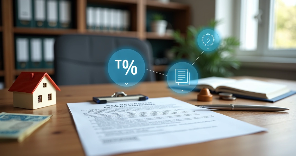 Mesa com contrato de compra de imóvel, miniatura de casa e ícones de taxas em destaque 