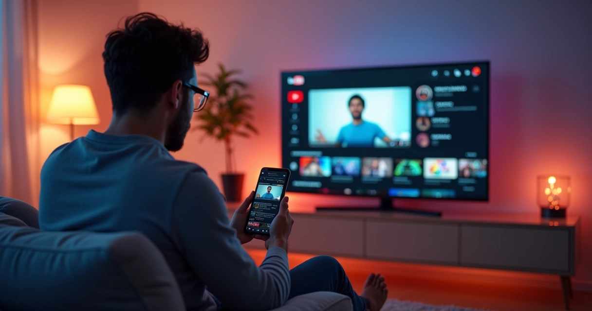YouTube em 2026: Guia para Marcas, Criadores e Conversão Digital 2 Usuário utilizando recurso de compra em vídeo na TV conectada com o celular mostrando o produto destacado