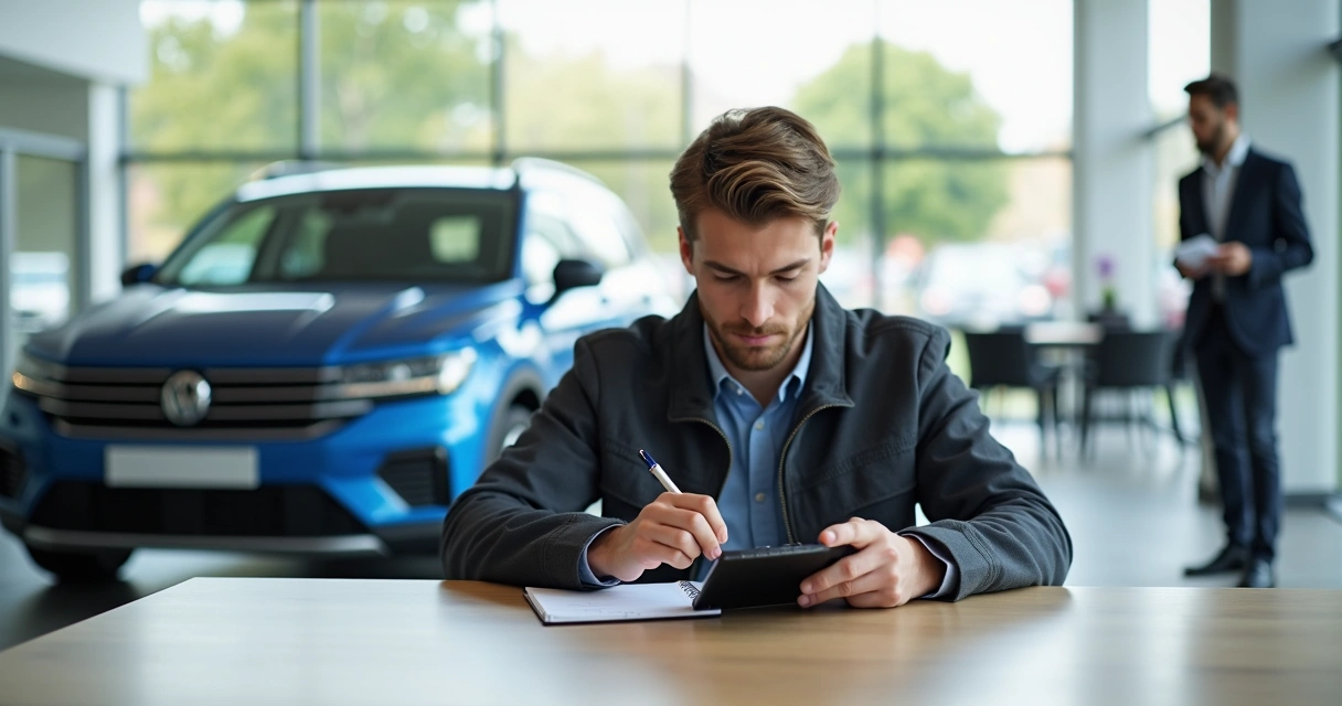 Pessoa calculando o orçamento na frente de um carro em concessionária