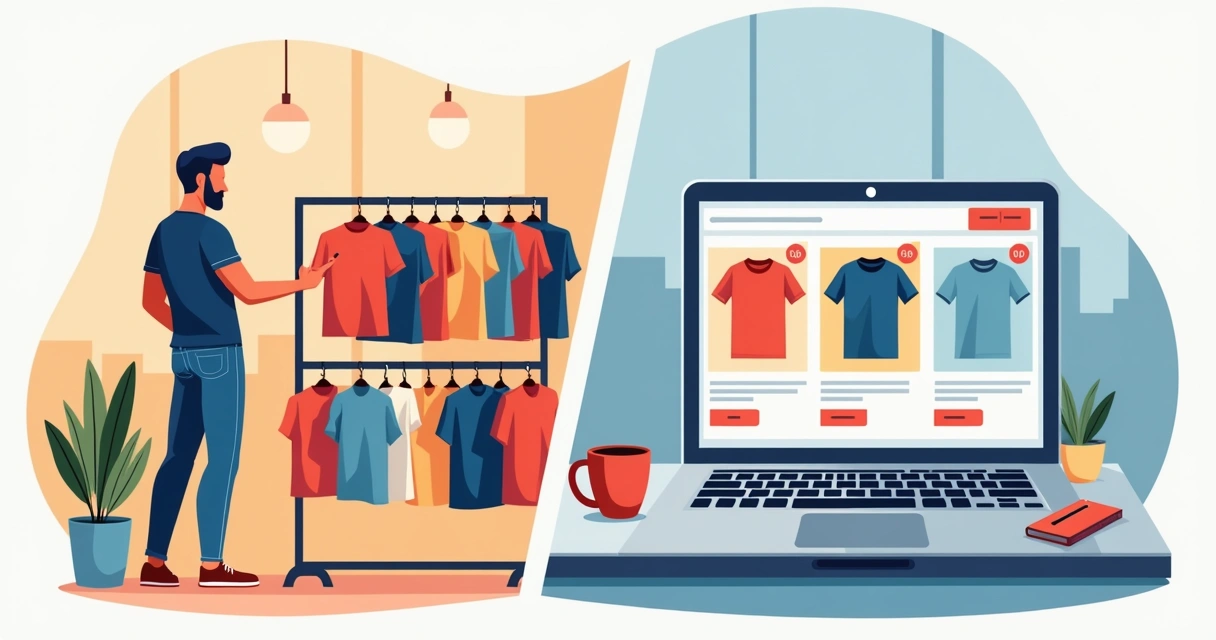 Homem escolhendo camiseta em loja física e tela com opções online lado a lado