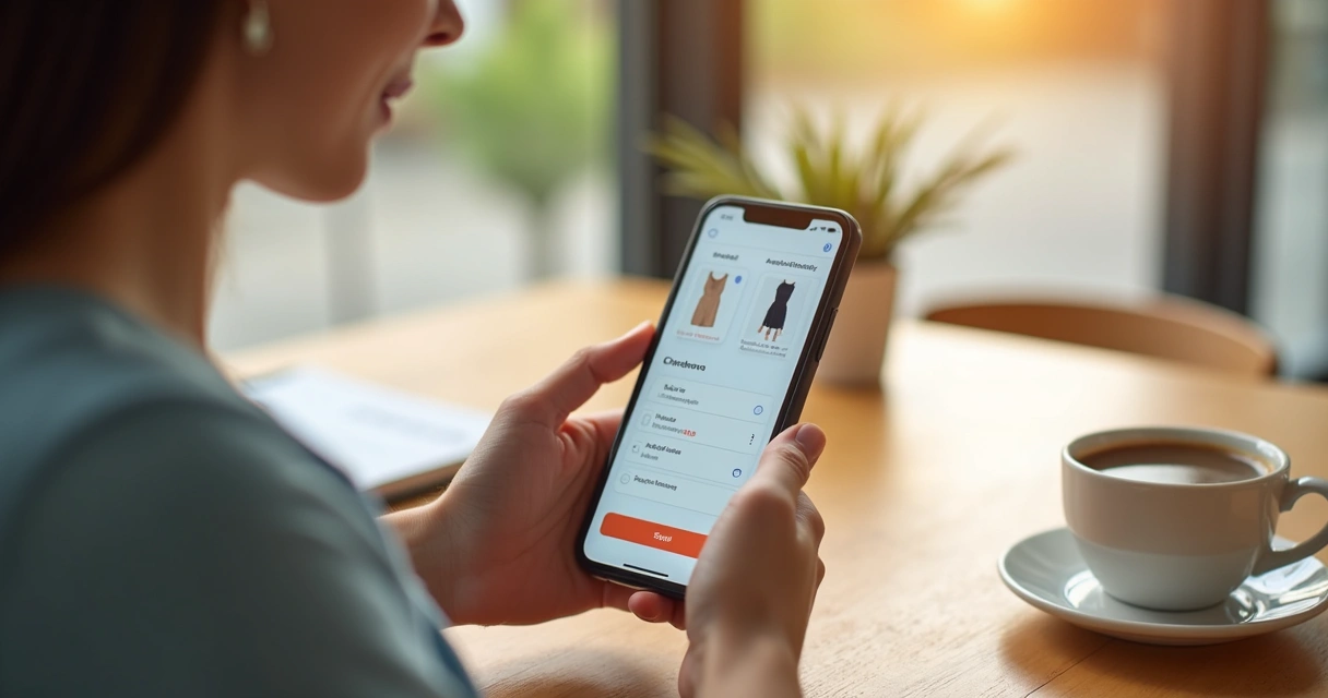 Pessoa usando loja virtual no celular em ambiente claro 