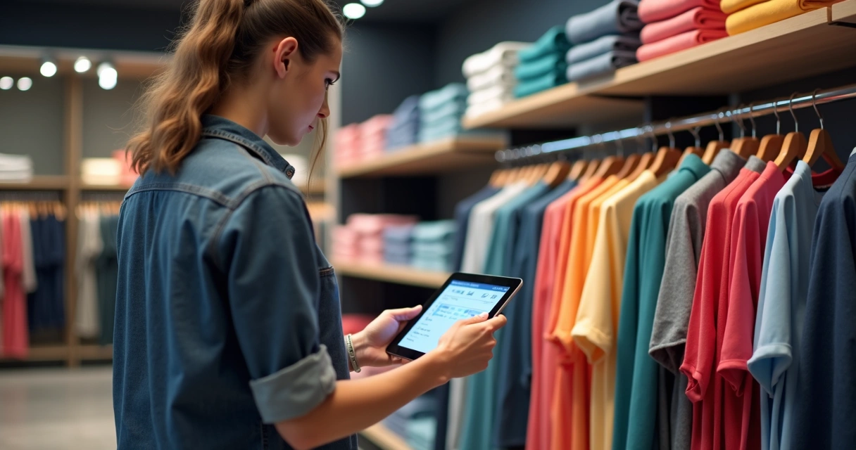 Pessoa usando tablet para comprar roupas em loja moderna
