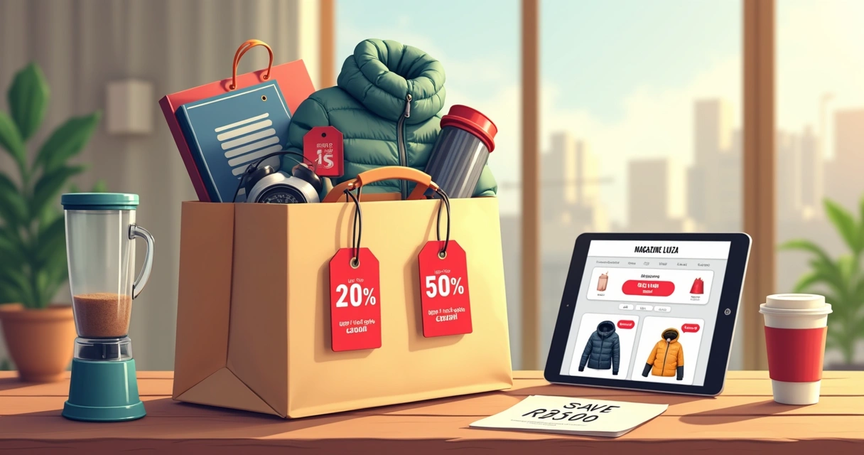 Sacola cheia de diferentes produtos eletrônicos e de moda, todos com etiquetas de desconto 