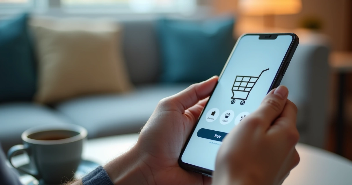 Mão segurando celular com carrinho de compras online 