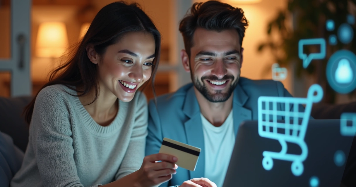 Mulher segura cartão e homem usa notebook para comprar online