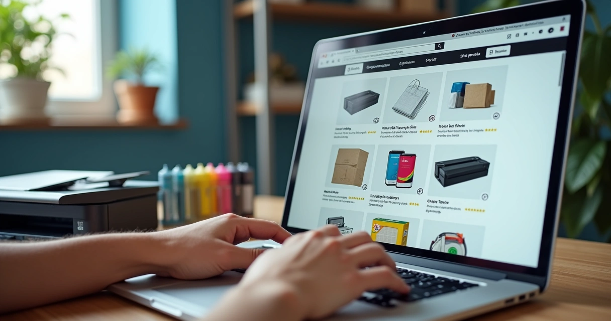 Pessoa comprando suprimentos de impressão em loja virtual com selos de segurança na tela 