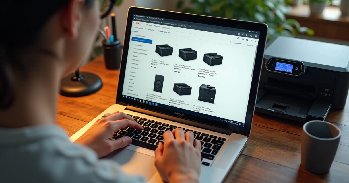 Pessoa comprando impressora em loja online pelo notebook 