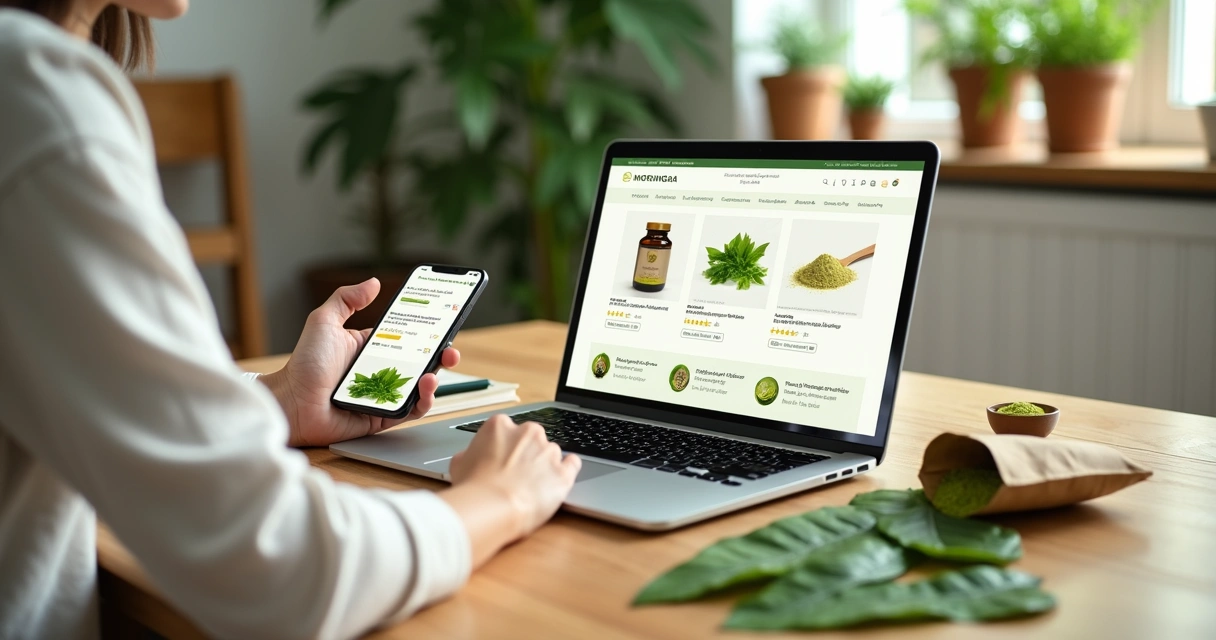 Mulher avaliando produtos de moringa em loja virtual no notebook 