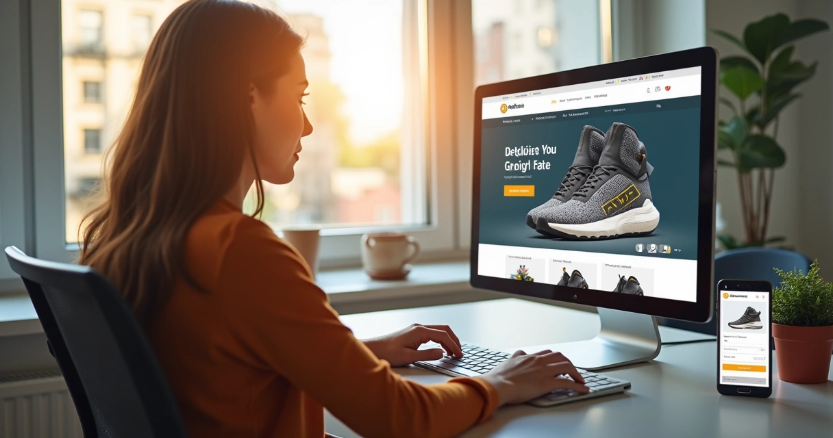 Pessoa usando notebook para comprar sapato esportivo 