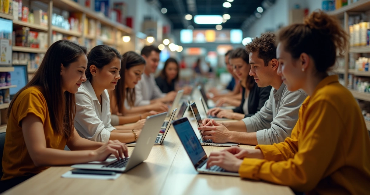 Pessoas realizando compras online em computadores e celulares