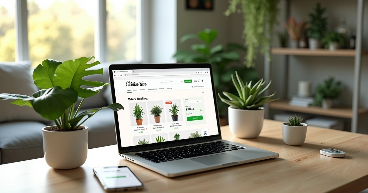 Pessoa comprando plantas em loja virtual de jardinagem no notebook 