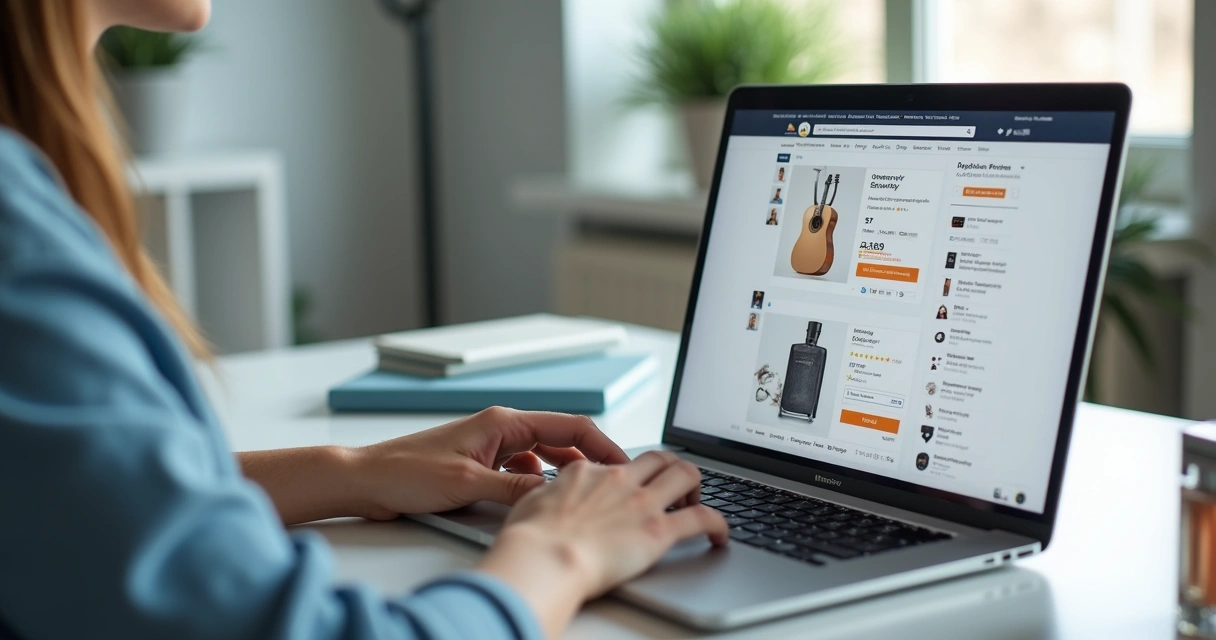 Consumidor analisando produto original em loja virtual no notebook 