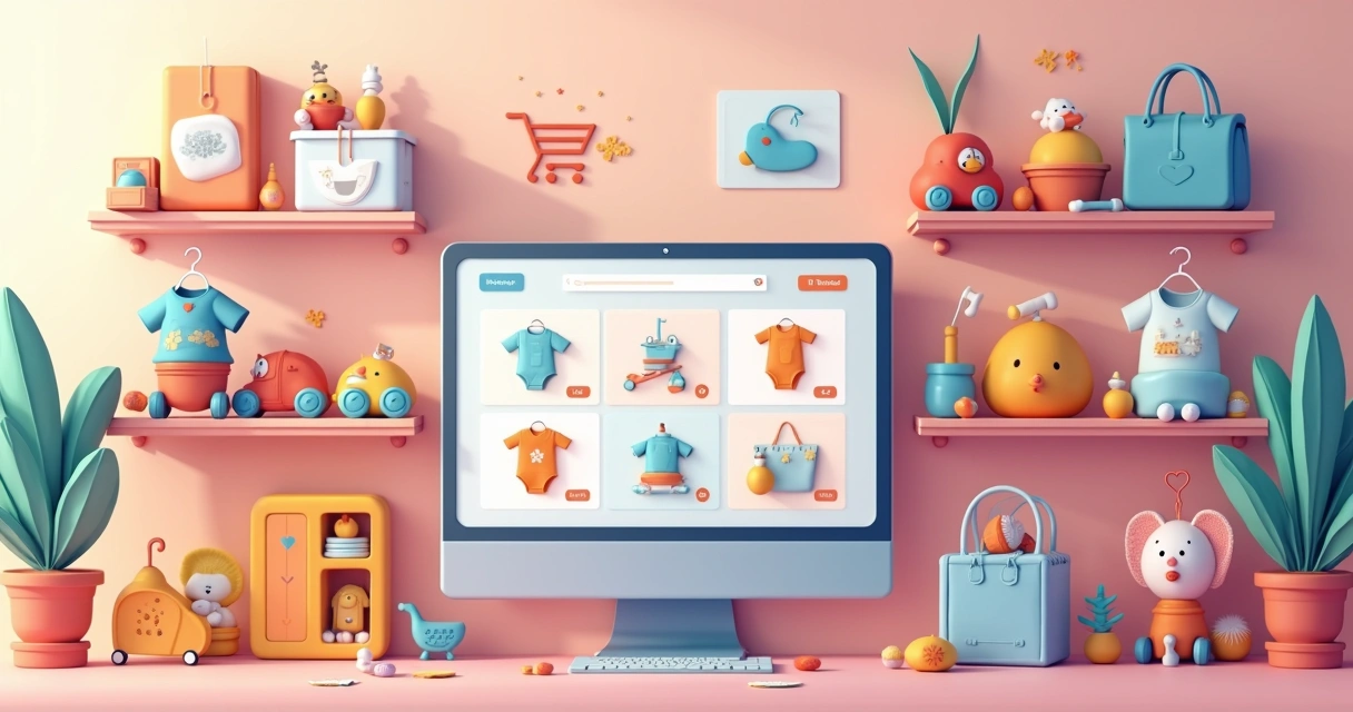 Loja online de atacado de produtos infantis mostrando roupas, brinquedos e acessórios em prateleiras digitais 