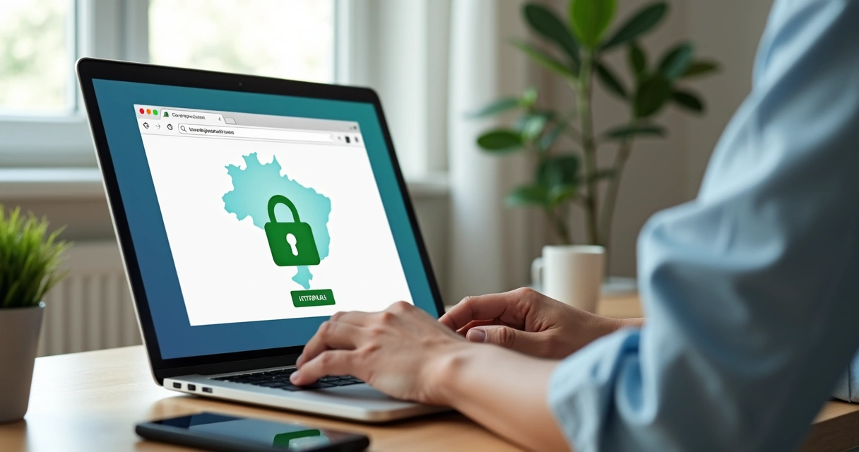 Consumidor fazendo compra online segura em notebook com ícones de segurança na tela 