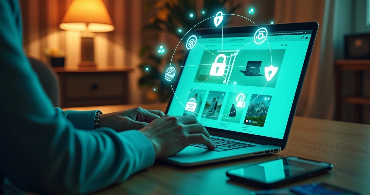 Pessoa comprando em loja virtual com ícones de segurança digital 