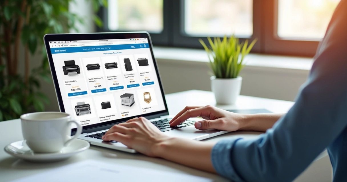 Pessoa escolhendo toner para impressora em site na tela do notebook 