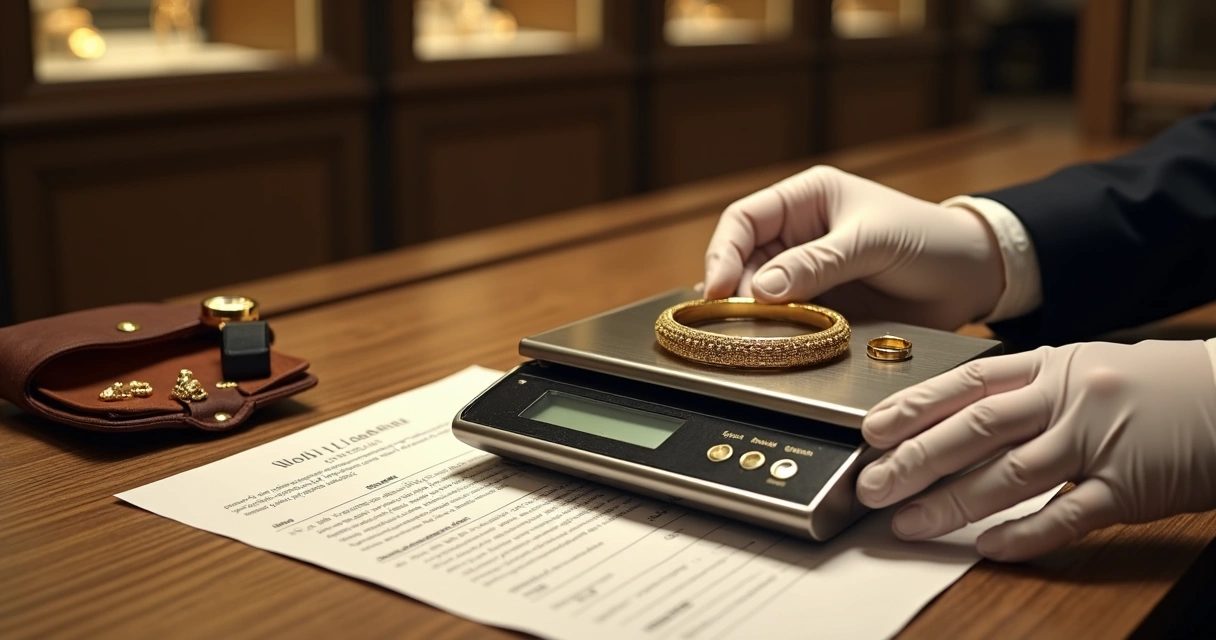 Balança avaliando pulseira de ouro e nota de compra sobre mesa de joalheria 