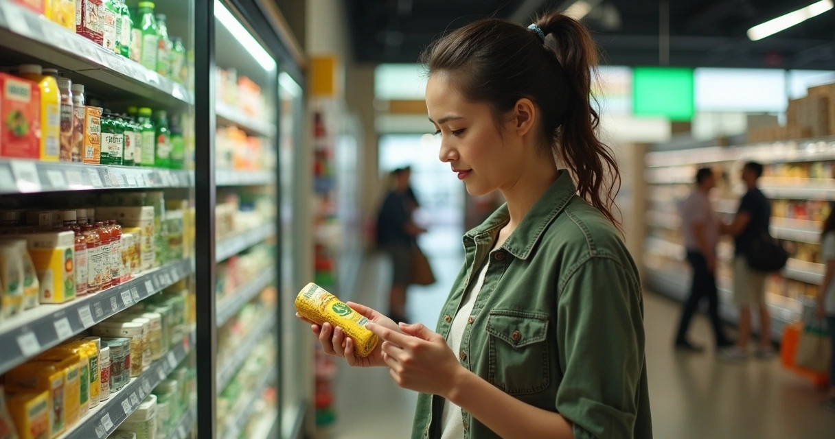 Persona eligiendo productos ecológicos e investigando ingredientes 