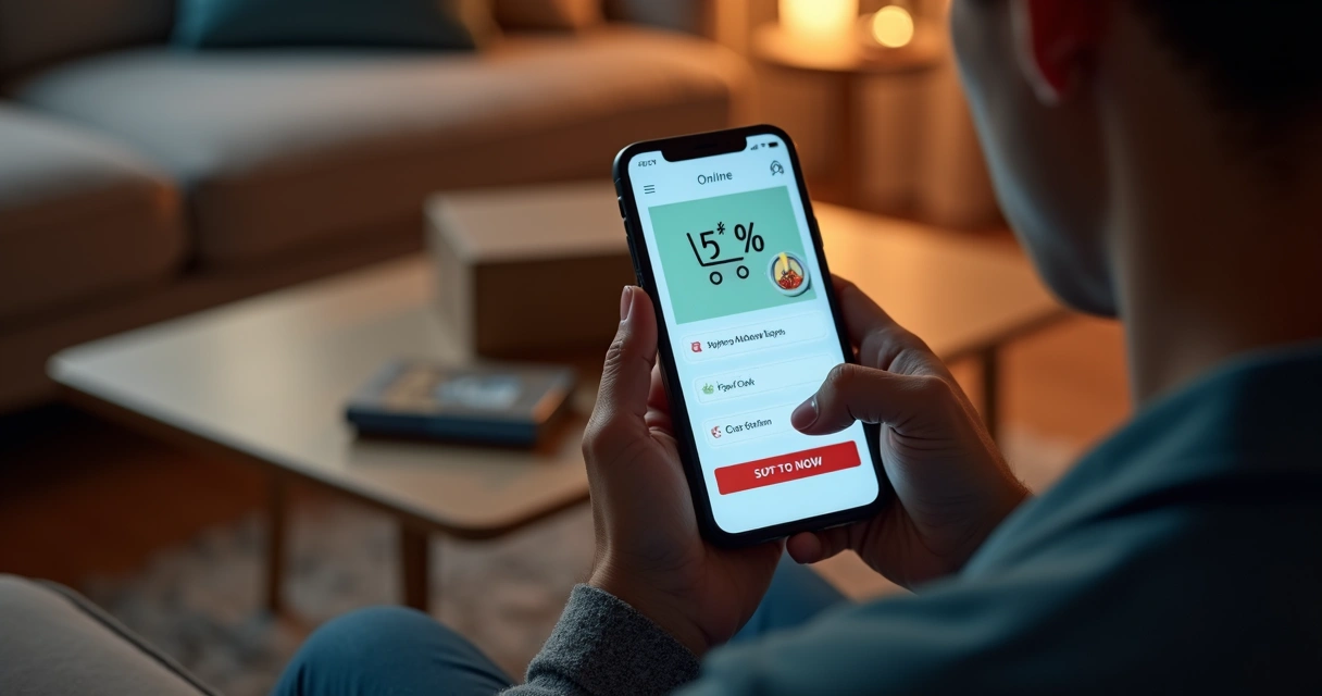 Pessoa olhando o celular com carrinho de compras e promoções na tela 