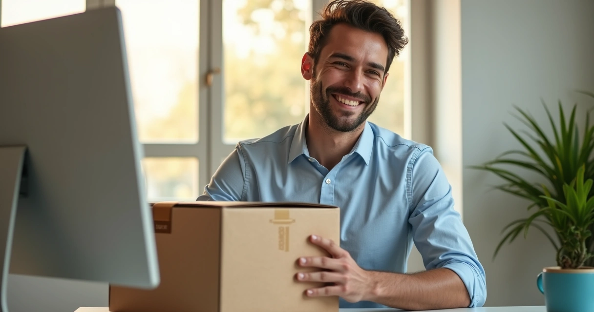 Pessoa sorrindo ao receber rapidamente cartuchos na mesa de escritório 