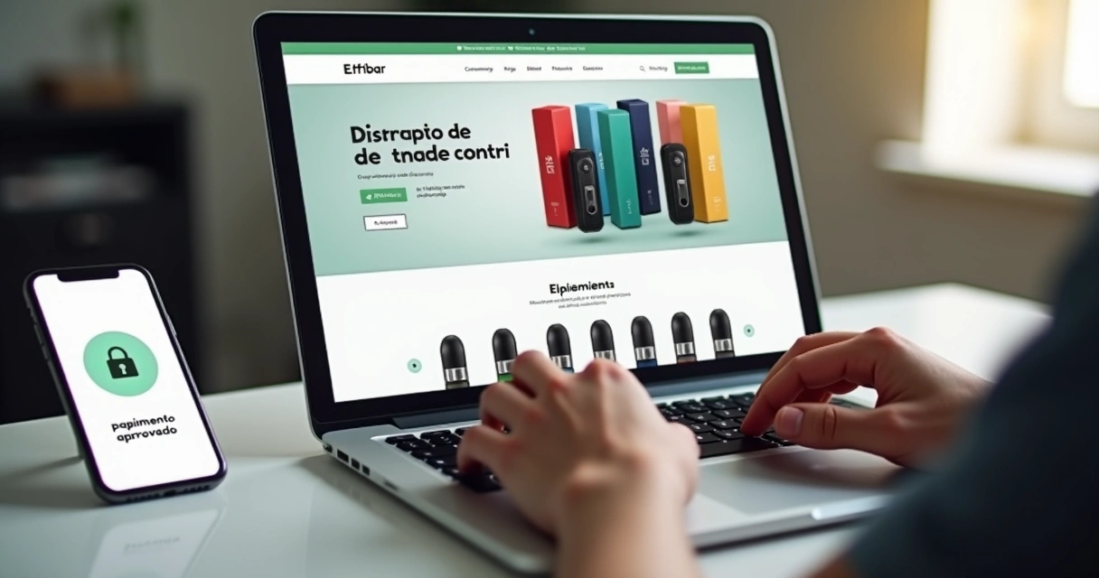 Pessoa comprando pods descartáveis Elfbar em loja virtual confiável pelo notebook 