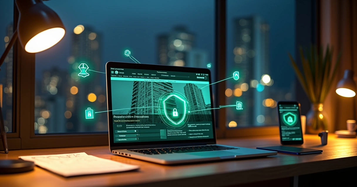 Usuário usando notebook para avaliar imóvel de leilão com ícones de segurança digital 