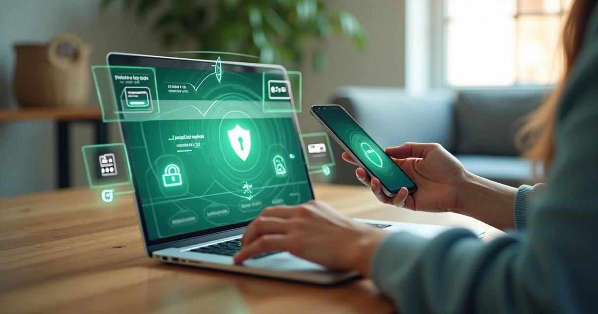 Mulher comprando em loja online com ícones de segurança digital na tela do notebook 