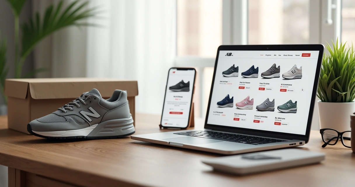 Pessoa comparando modelos de tênis New Balance originais em loja online no notebook 