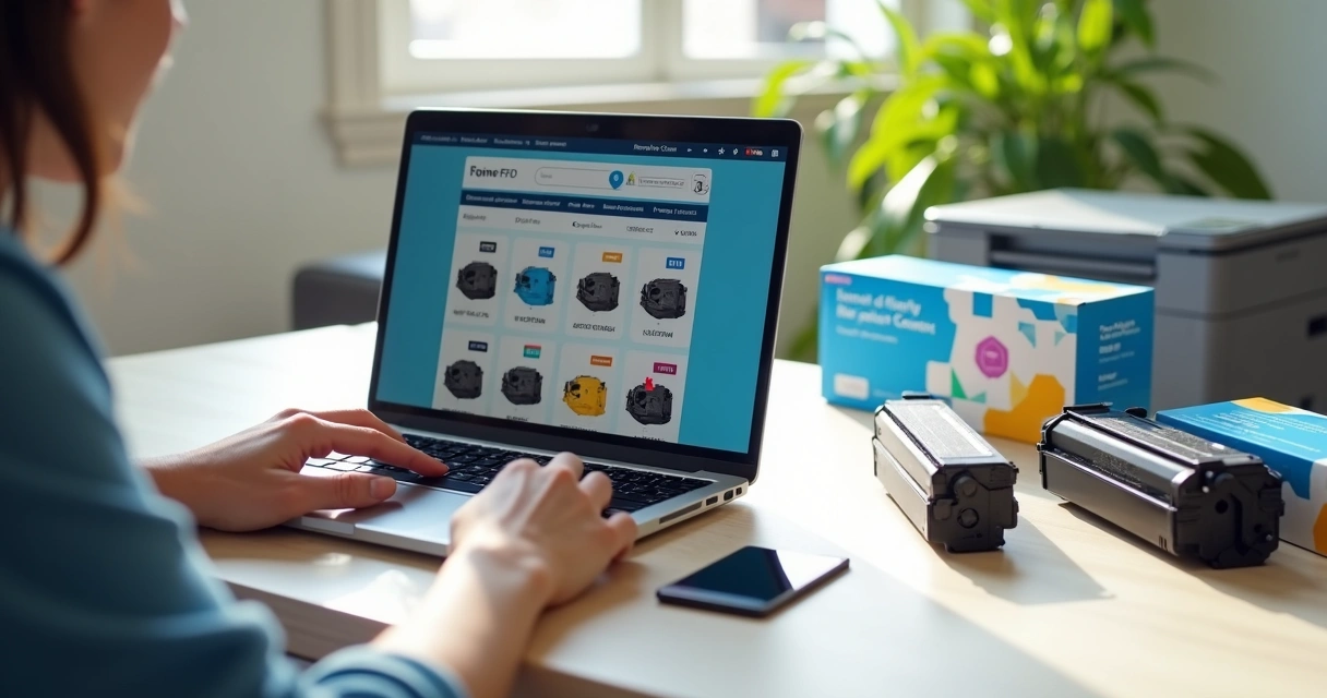 Pessoa comprando toner de impressora em loja online confiável no notebook 