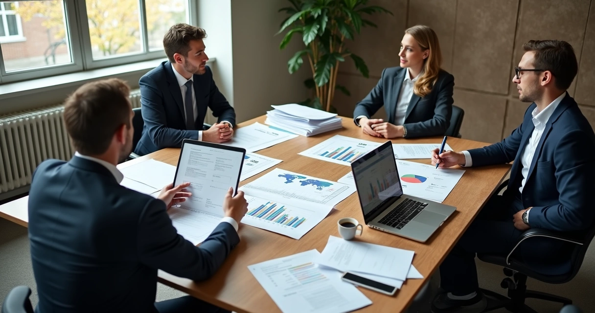 Reunião entre advogados e empresários discutindo compra e venda de créditos não performados