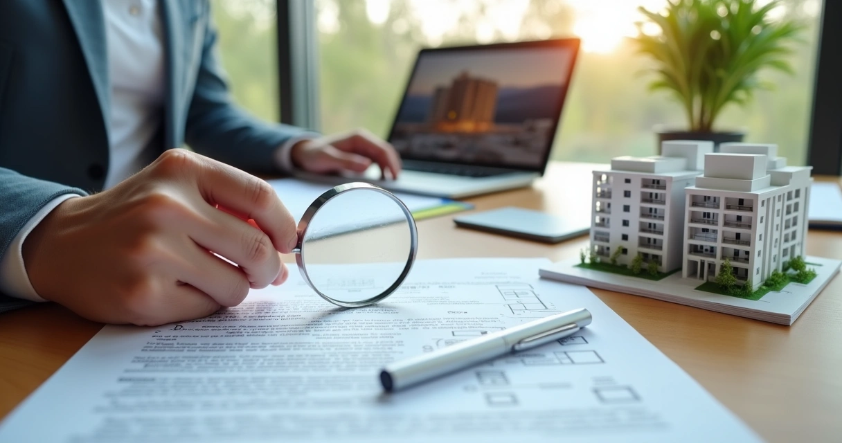 Comprador analisa planta de empreendimento e documentos imobiliários na mesa 
