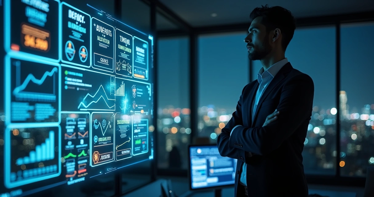 Executivo analisando startup de tecnologia em painel digital futurista 