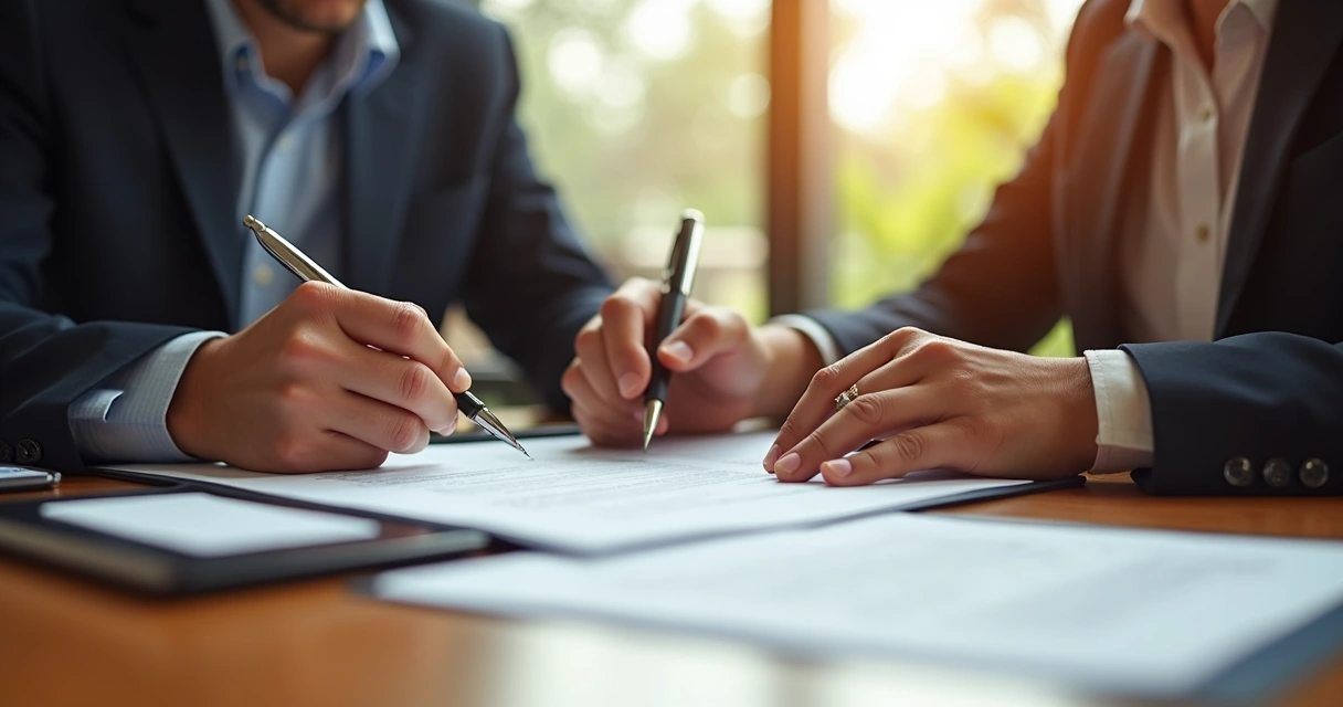 Pessoa assinando contrato em um cartório, documentos sobre uma mesa