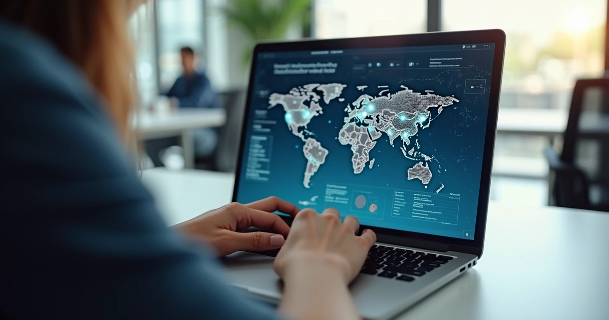 Pessoa analisando proposta digital no notebook com gráficos e vídeos integrados 