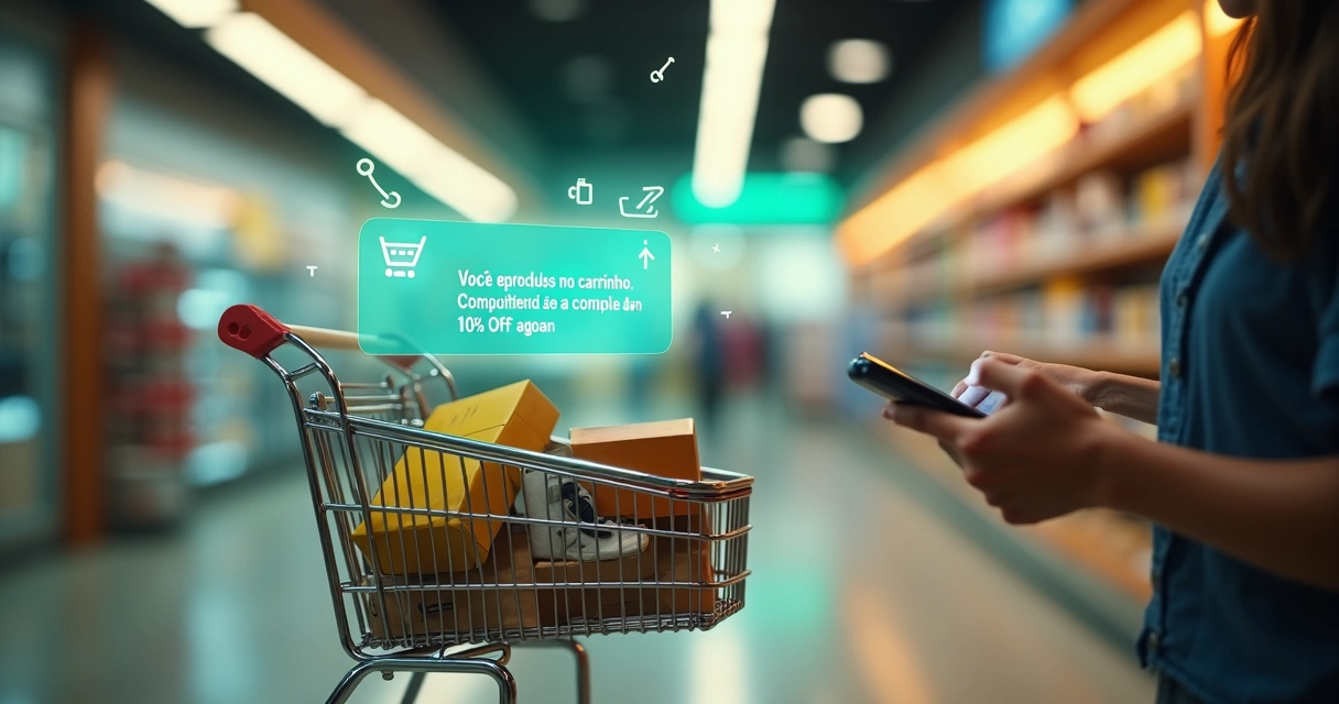 Cliente em loja física recebendo SMS no celular enquanto abandona o carrinho de compras 