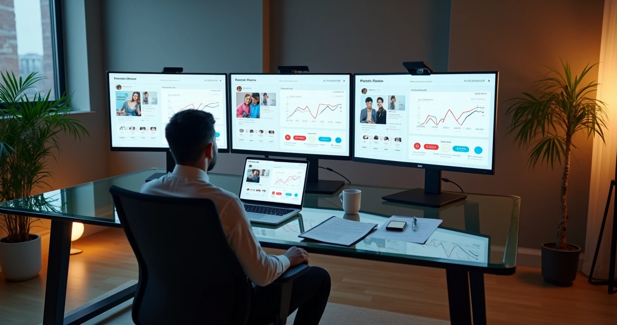 Empreendedor escolhendo conta pronta em painel de redes sociais na parede 